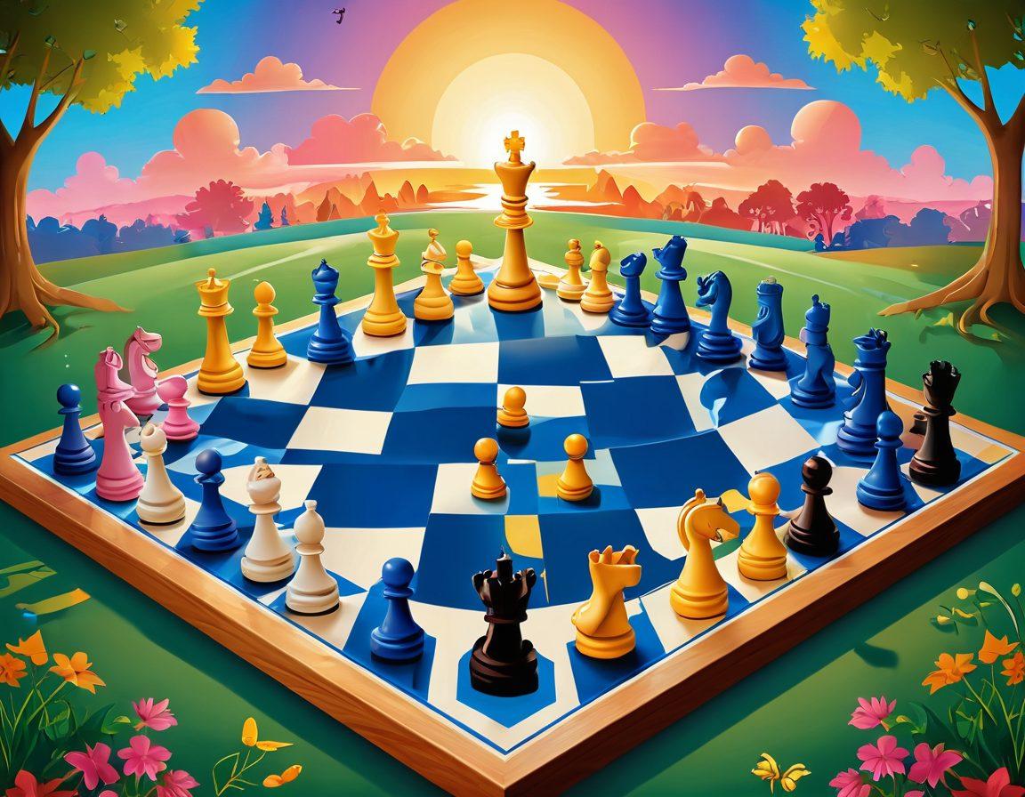 A captivating chessboard displaying various chess pieces mid-game, surrounded by vibrant strategical diagrams and playful elements like cartoon characters engaged in chess. The background features a serene park setting with people of different ages enjoying the game, creating a sense of community. Include a colorful sky with sunset hues to enhance the fun atmosphere. vector art. vibrant colors. 3D.
